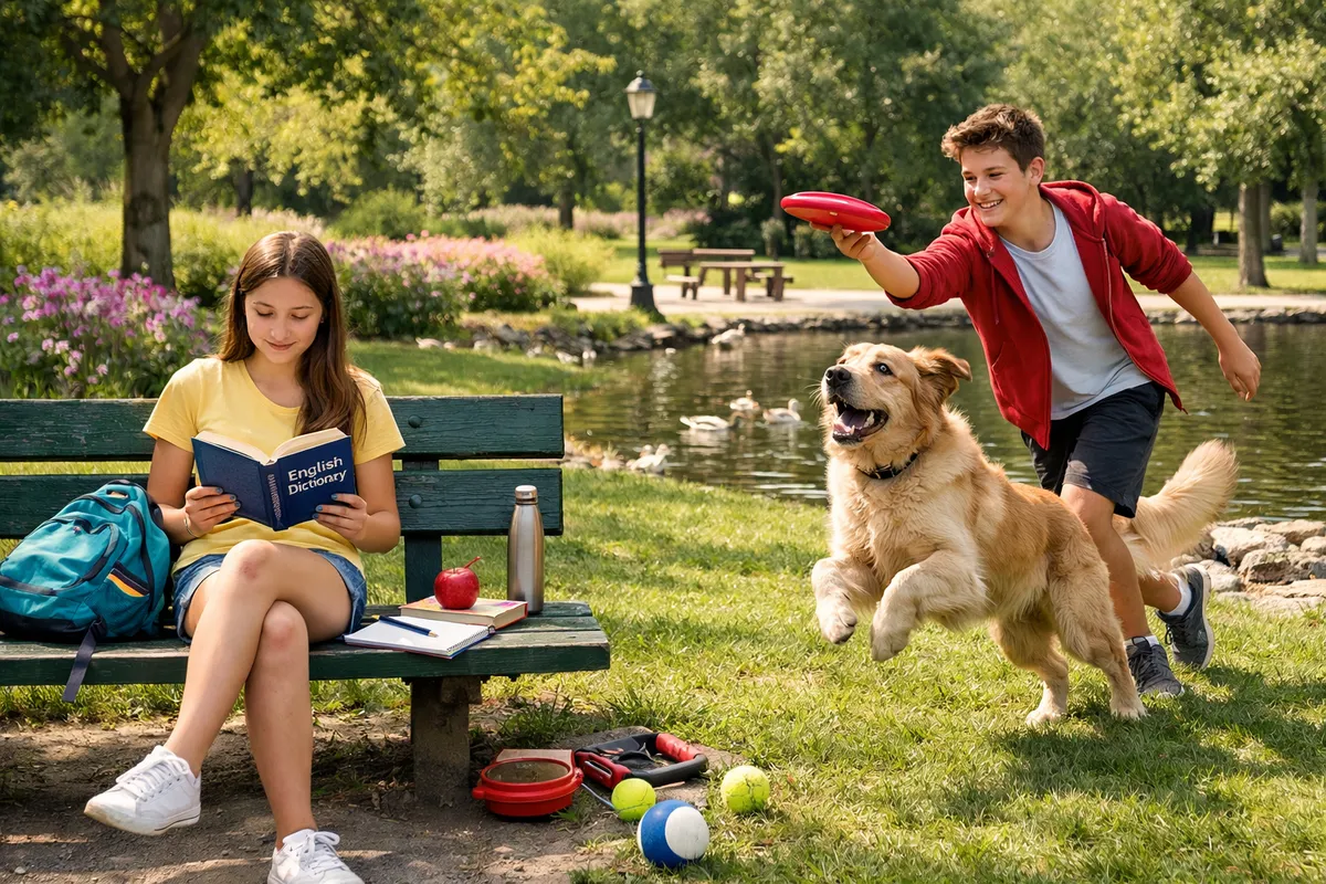 Two teenagers enjoying a sunny day at the park, one reading a book, the other playing with a dog