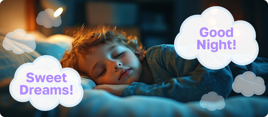 Un niño durmiendo pacíficamente con burbujas de pensamiento que dicen 'Good Night!' y 'Sweet Dreams!'