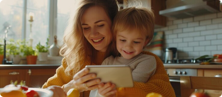 Madre e hijo usando juntos una tableta con una app de inglés