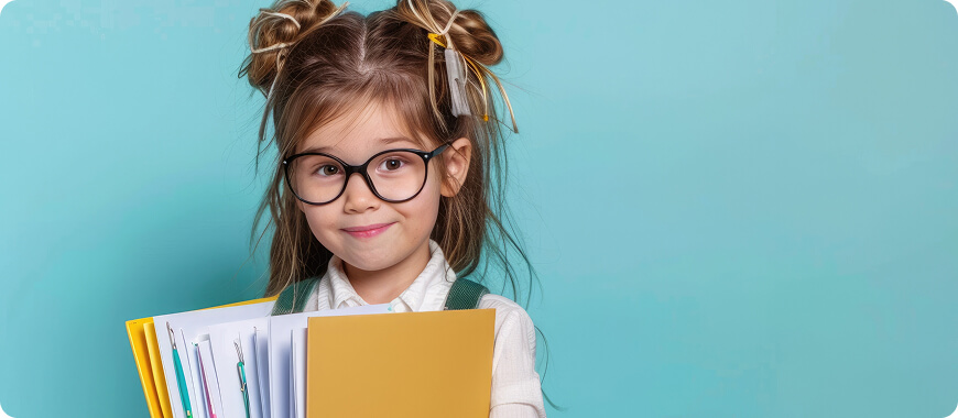 Pasos para matricular a su hijo en un colegio internacional Una joven con gafas y carpetas, representando el proceso de matriculación