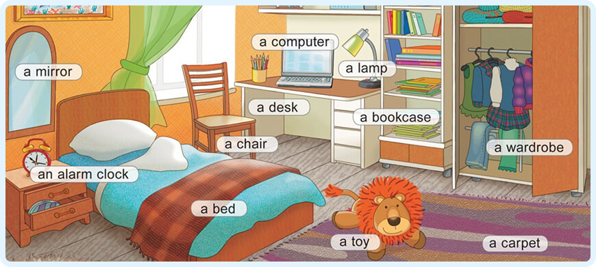 Ilustración de un dormitorio que muestra objetos cotidianos con etiquetas como 'un espejo,' 'un escritorio,' 'una silla,' 'una cama'