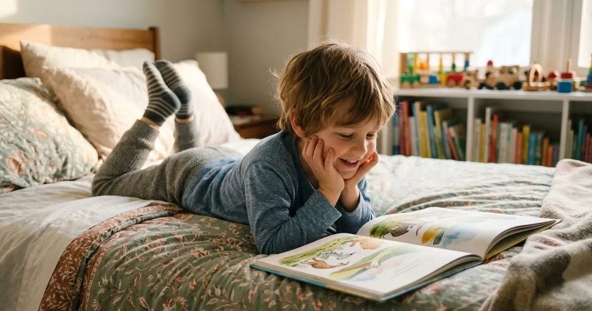 Cartoon illustration of cómo practicar el futuro en inglés con tu hijo en casa