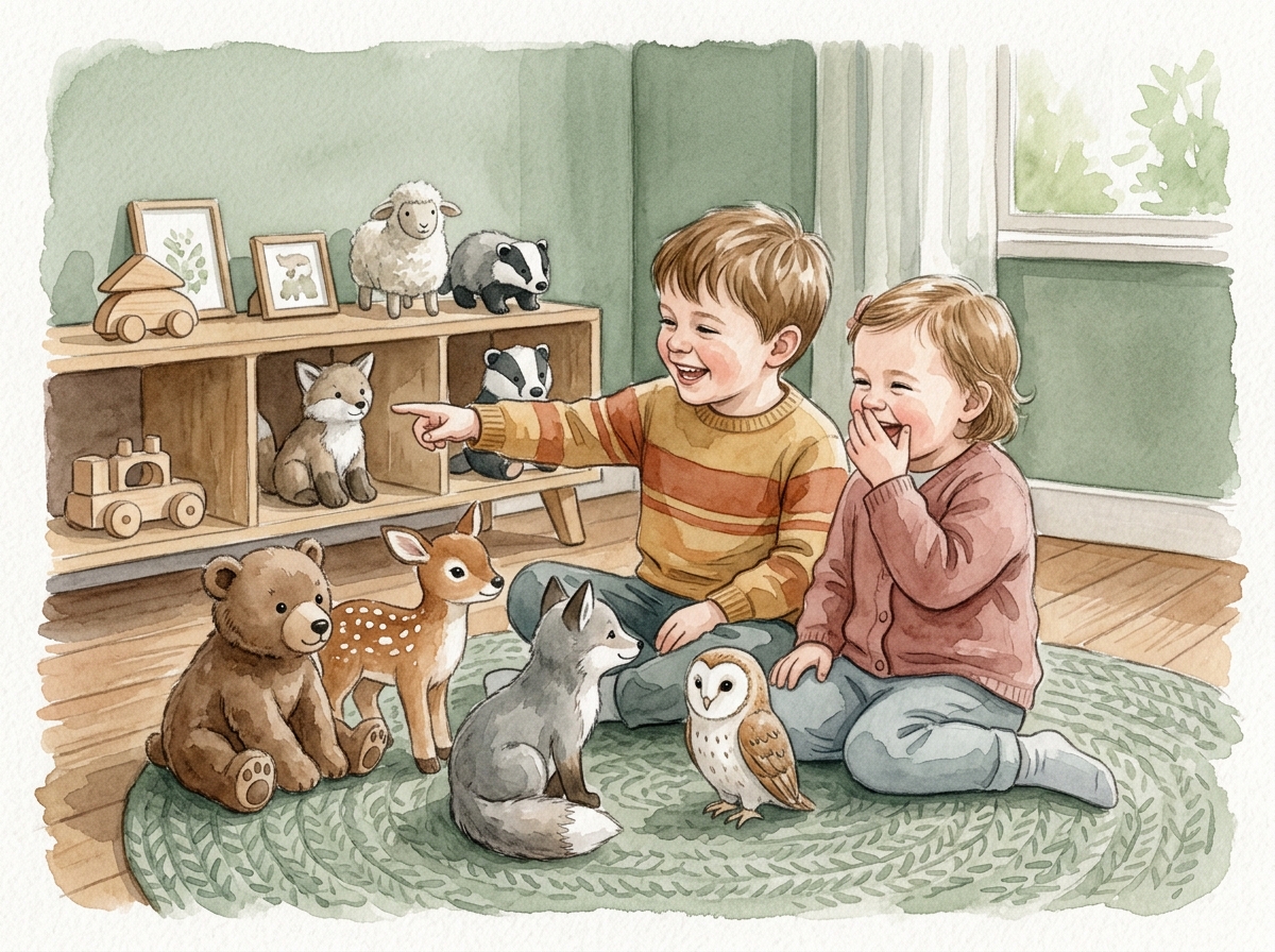 Cartoon illustration of qué animales en inglés introducir primero según la edad